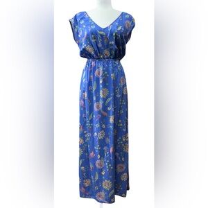 Gap Kimono Sleeve Maxi Dress Blue Flowers Birds Women's Sz S Boho Cottagecore